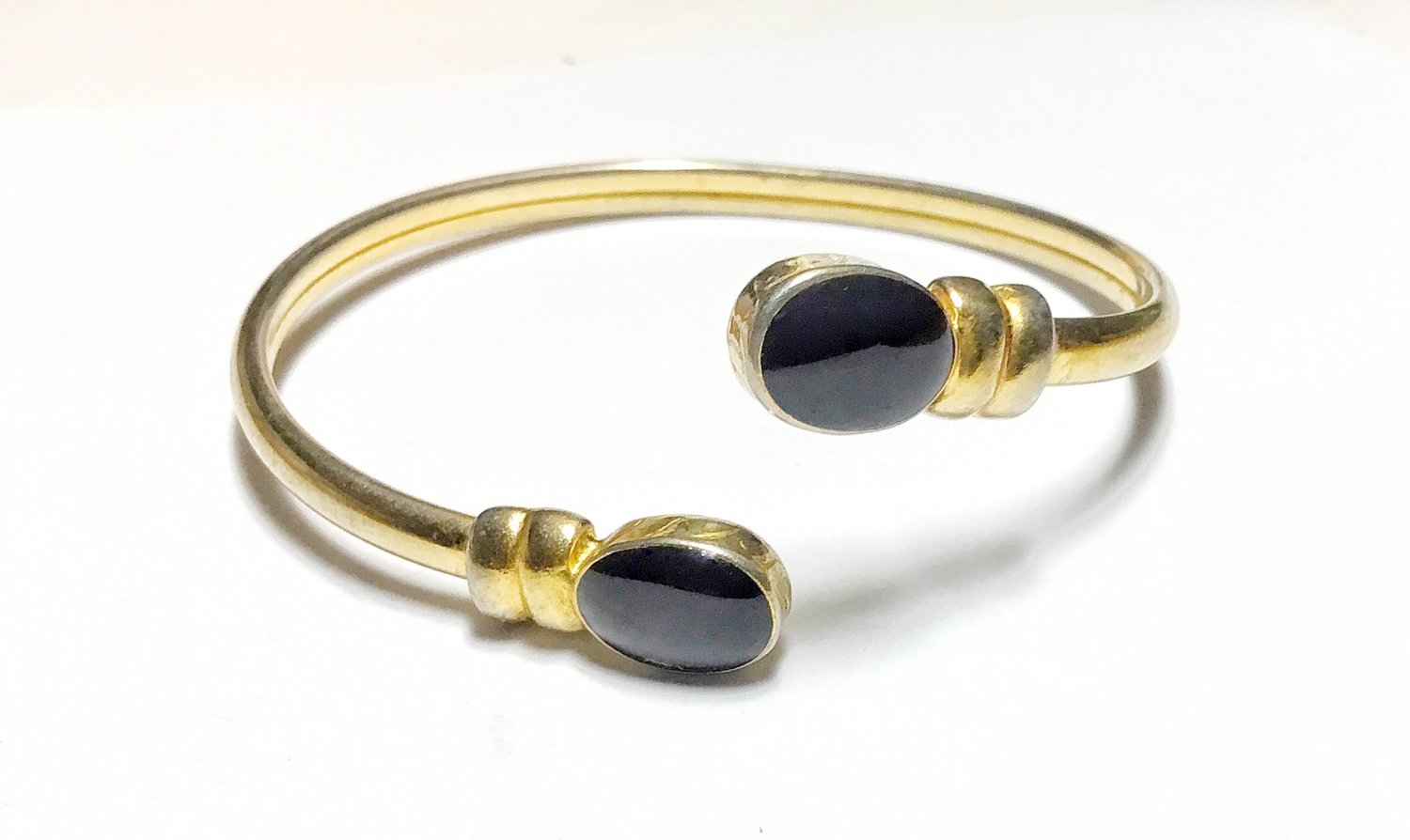 Vintage Gold Tone Bypass Bangle Bracelet With Black Stones