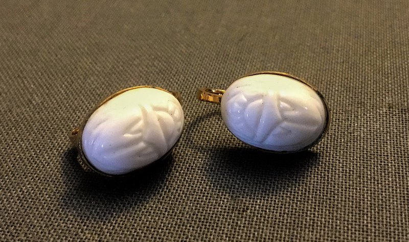 1960s White Milk Glass Scarab Clip Earrings