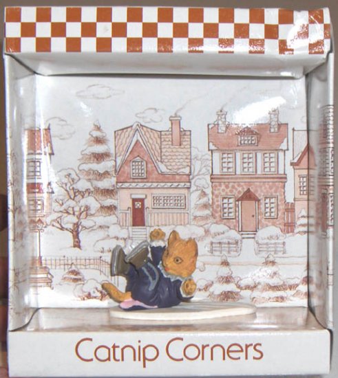 1992 Catnip Corners #86092 "Down Again" Ice-Skating Cat Figure - Resin