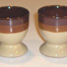 2 Stoneware Footed Egg Cups - Tan, Orchre, Chocolate Brown