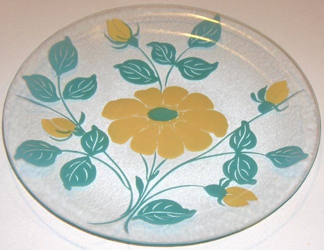 Large Glass Platter with Yellow Flower and Aqua Leaves