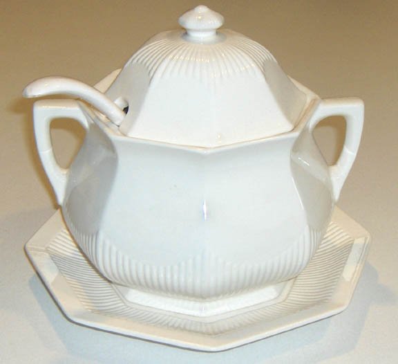 Vintage White Octagonal Soup Tureen with Charger Plate and Ladle MIJ