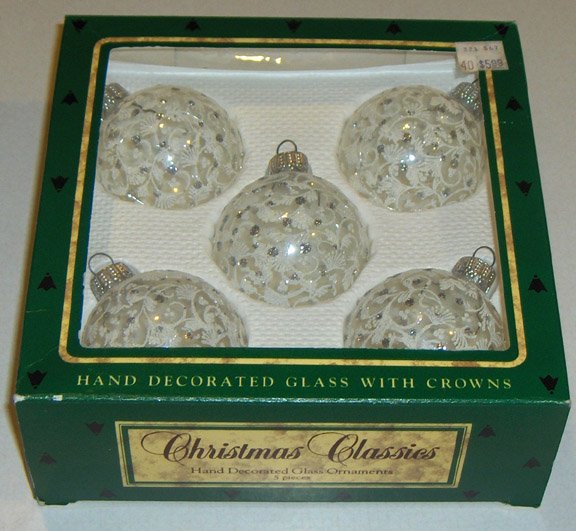 Vintage Krebs Christmas Classics Silver and White Lace on Clear Glass Krebs Christmas Ornaments