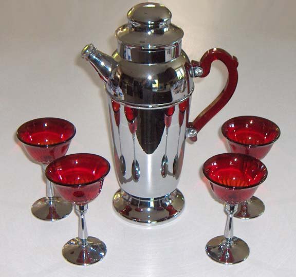 Vintage Chrome / Bakelite Cocktail Server & 4 Ruby Red Glass with