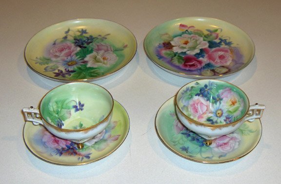 Vintage Lefton Hand-Painted Floral Plates with Cup & Saucers - Set of 2 each