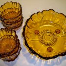 Vintage Heavy Amber Glass Sunflower Footed Serving Salad Bowl with 6 Individual Bowls