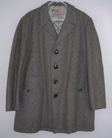 Vintage Robert Hall Mens 3/4 Coat Grey Wool Windowpane Plaid - Size 42