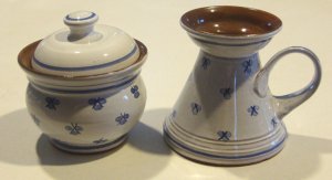 Prague Czech Republic Handthrown Blue & White Creamer and Sugar Bowl with Lid