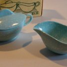 Vintage 1950s Intl Molded Plastics Melmac Blue Speckled Creamer & Sugar Bowl with Lid MIB