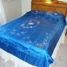 Vintage 40's WWII Blue Satin Embroidered Bedspread & Shams