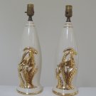 Vintage Leaping Gazelle Gold on Cream Ceramic Table Lamp Set of 2