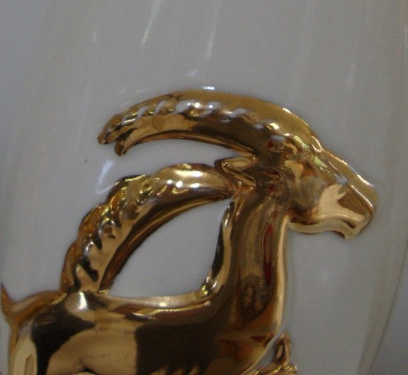 Vintage Leaping Gazelle Gold On Cream Ceramic Table Lamp Set Of 2