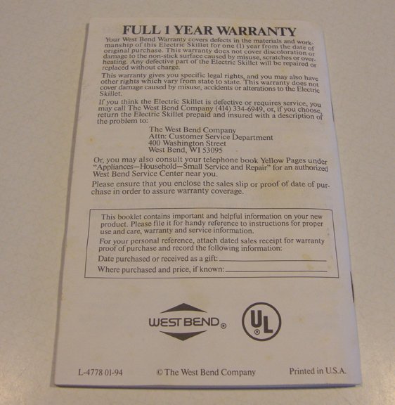 Vintage 1994 West Bend Electric Skillet Recipes Instruction Manual Booklet