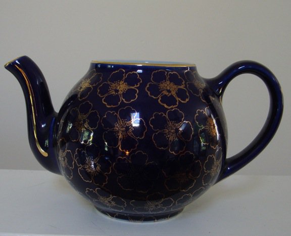 Vintage Hall French Flower Cobalt Standard Gold Teapot - No Lid