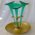 Vintage Brass & Green Glass Trumpets Epergne