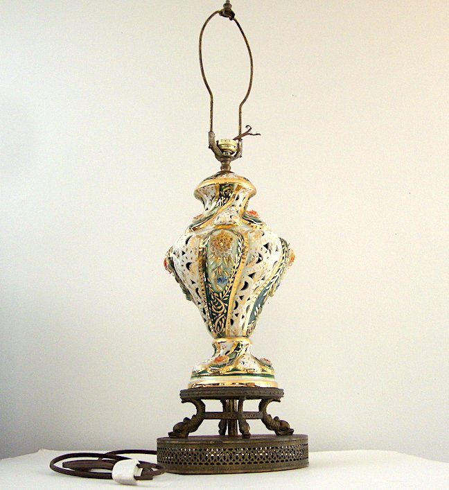 Antique Capodimonte Italian Lamp with Brass Dolphin Motif Base