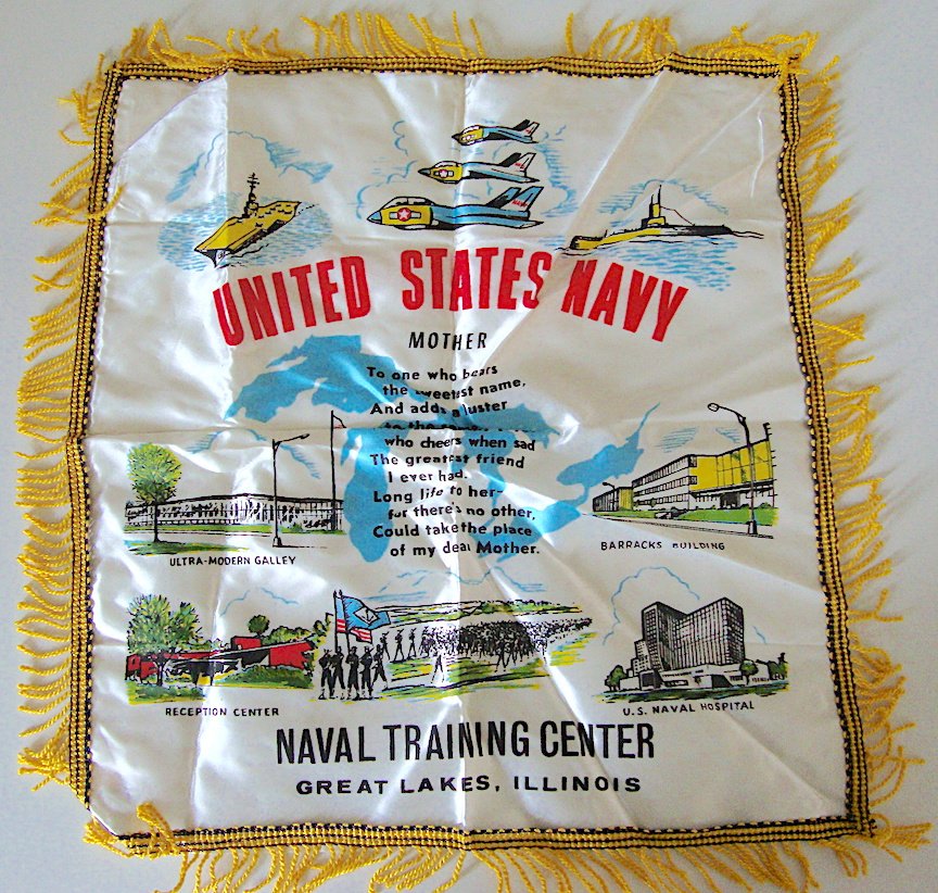 Vintage Souvenir U.S. Navy Great Lakes Naval Training Center Satin Pillow Cover - â��Motherâ��