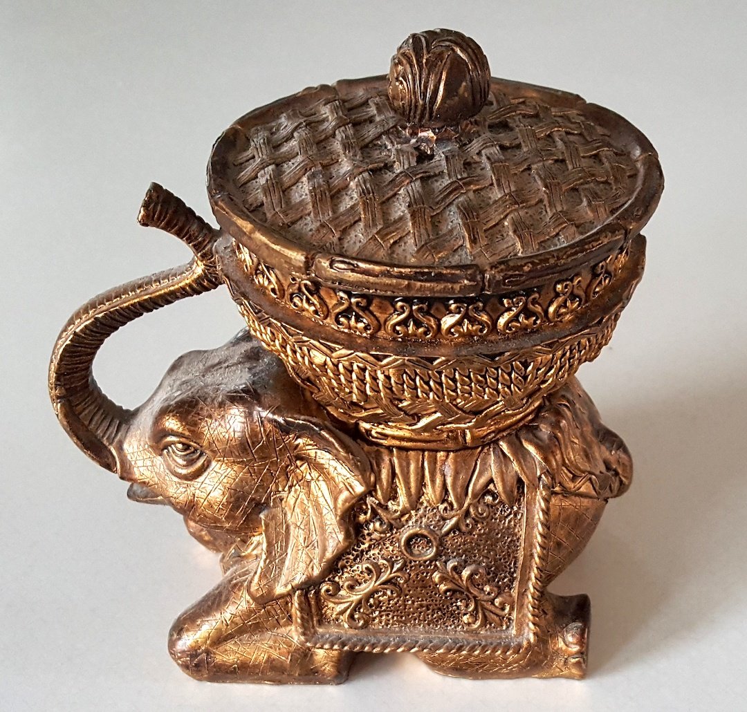 Vintage Resin Elephant w/ Basket Trinket Box