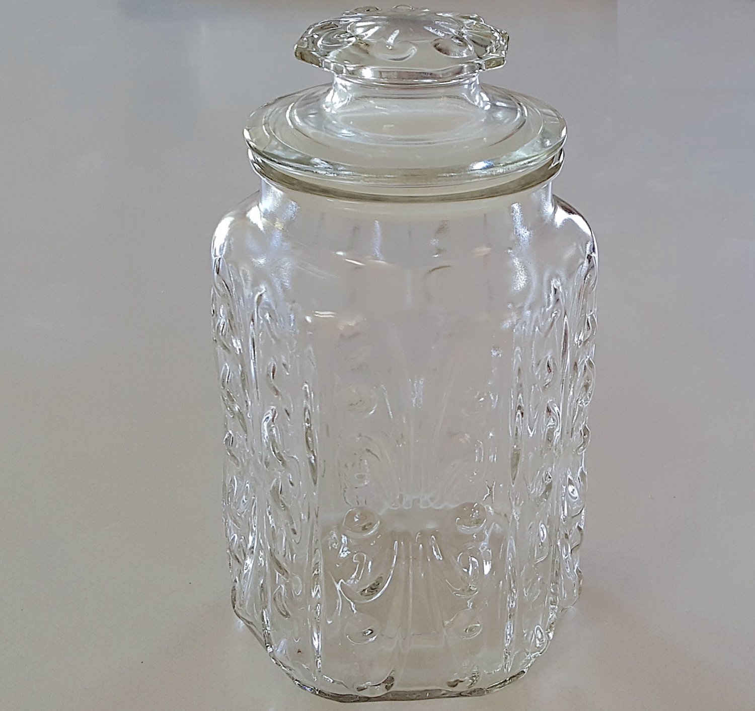 Vintage Imperial Glass Atterbury Scroll Clear Glass Hexagon Jar Canister with Lid