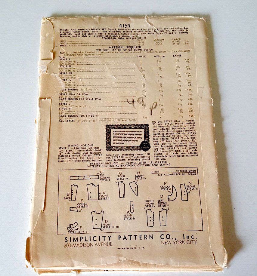 Vintage 1940s SIMPLICITY Sewing Pattern 4154 MISSES DICKEY SET - Size ...