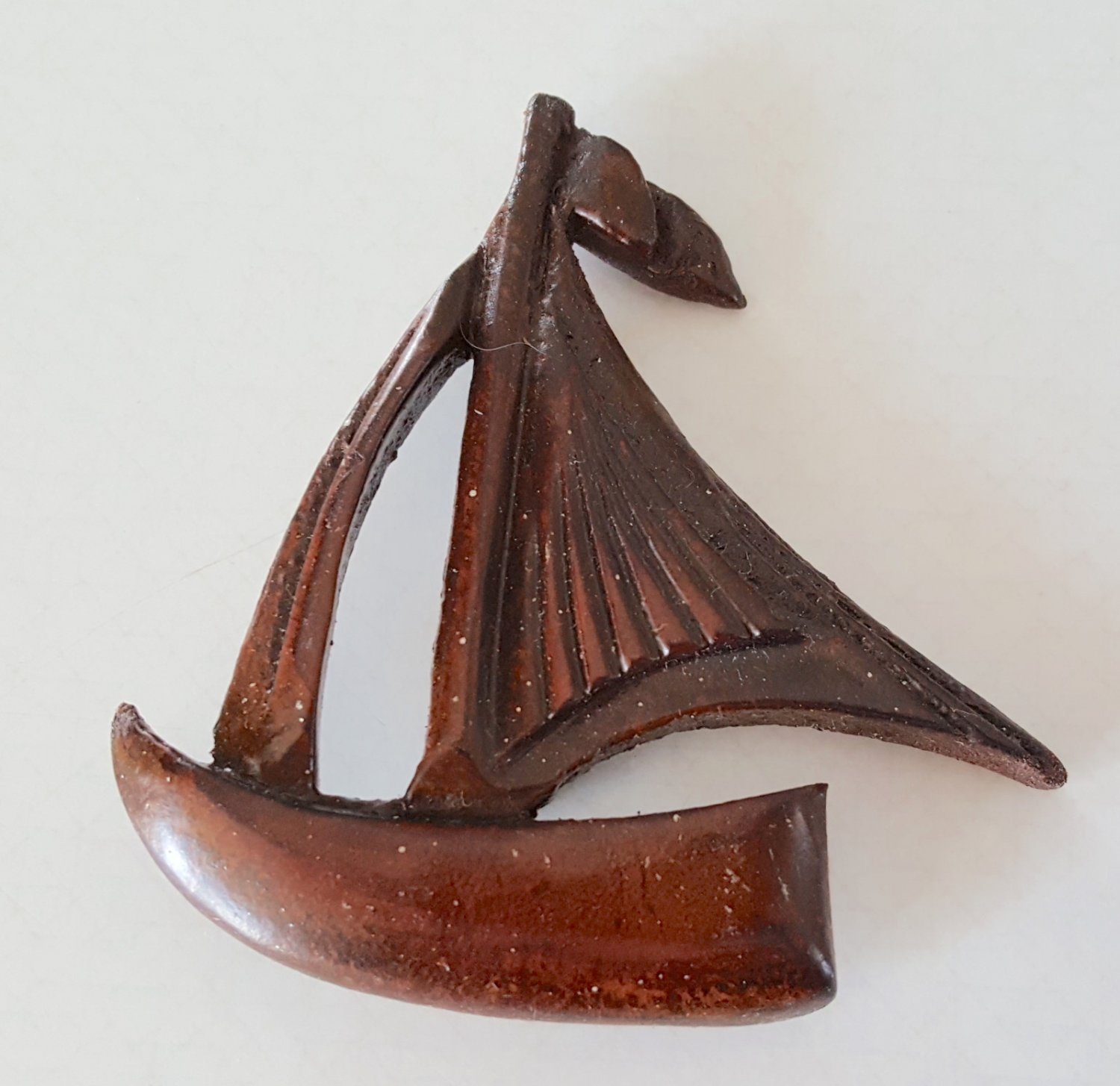 Vintage Carved Wood Look Sailboat Pin / Brooch - Japan