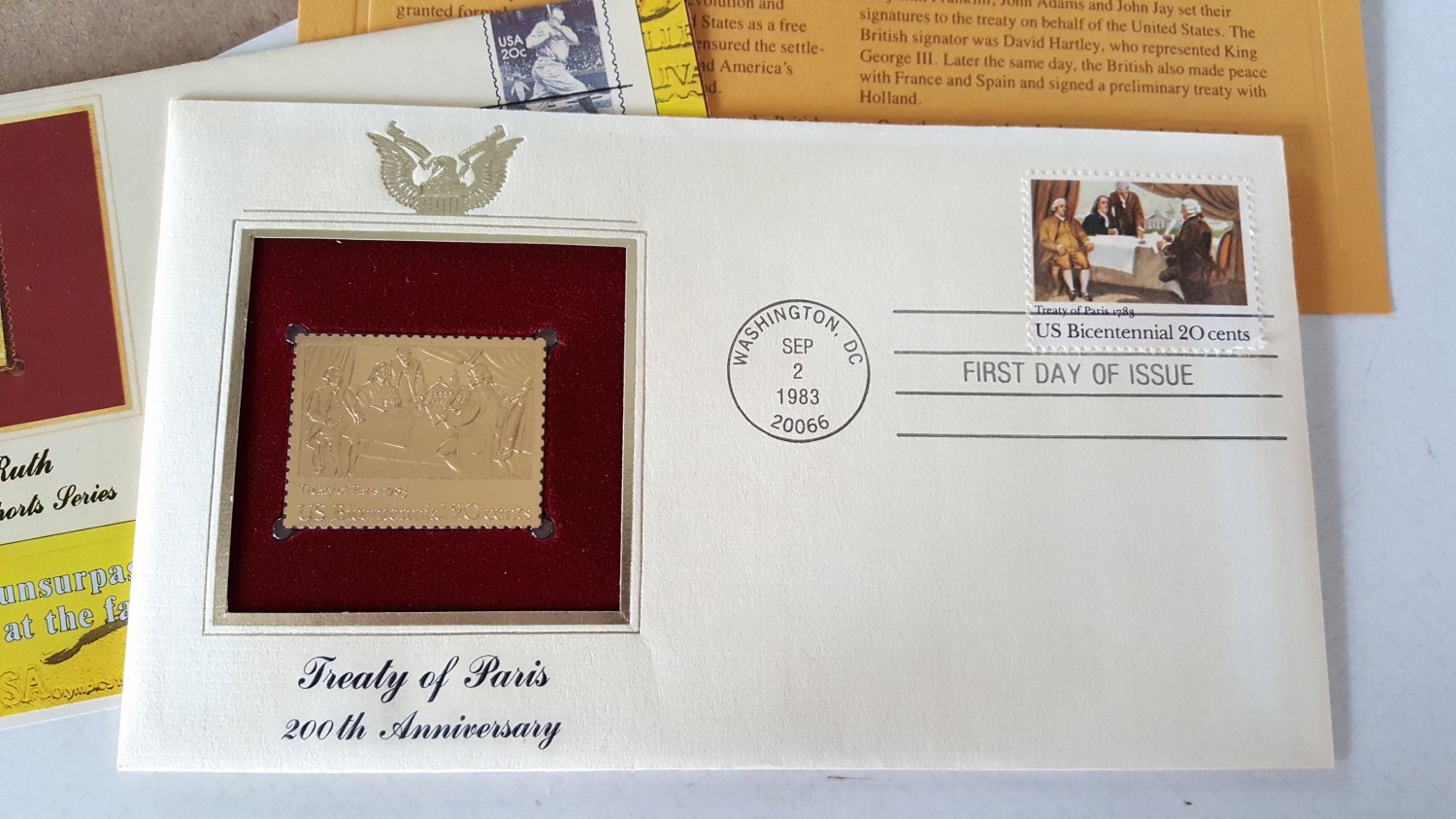 Vintage 1983 Treaty of Paris 22kt Gold Replica Stamp 1st Day Issue 200th Anniversary