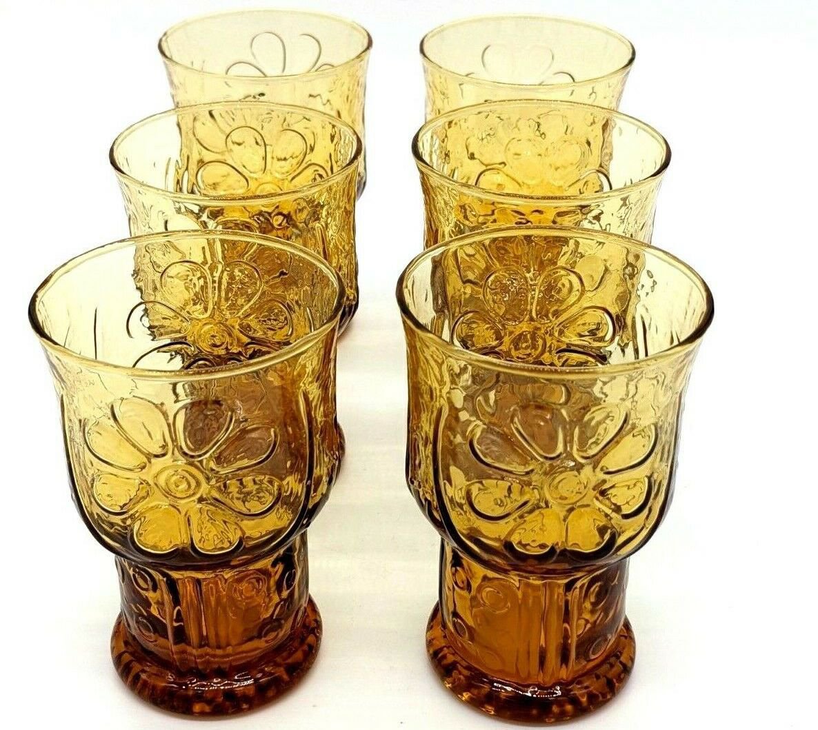 Vintage Libbey Amber Country Garden Daisy Flower Juice Glasses Set Of 6 9582