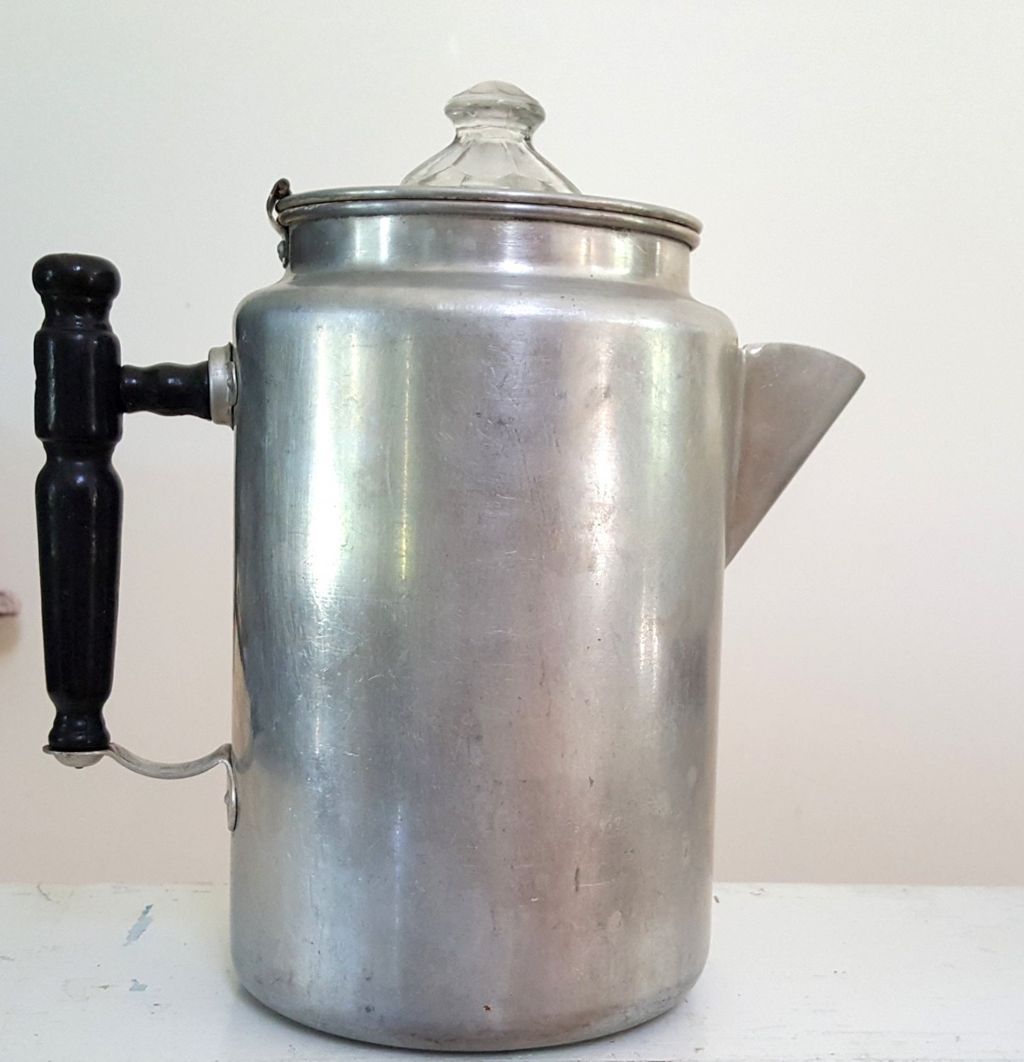 Vintage 1950s Pure Aluminum Coffee Pot Wooden Handle Glass Knob