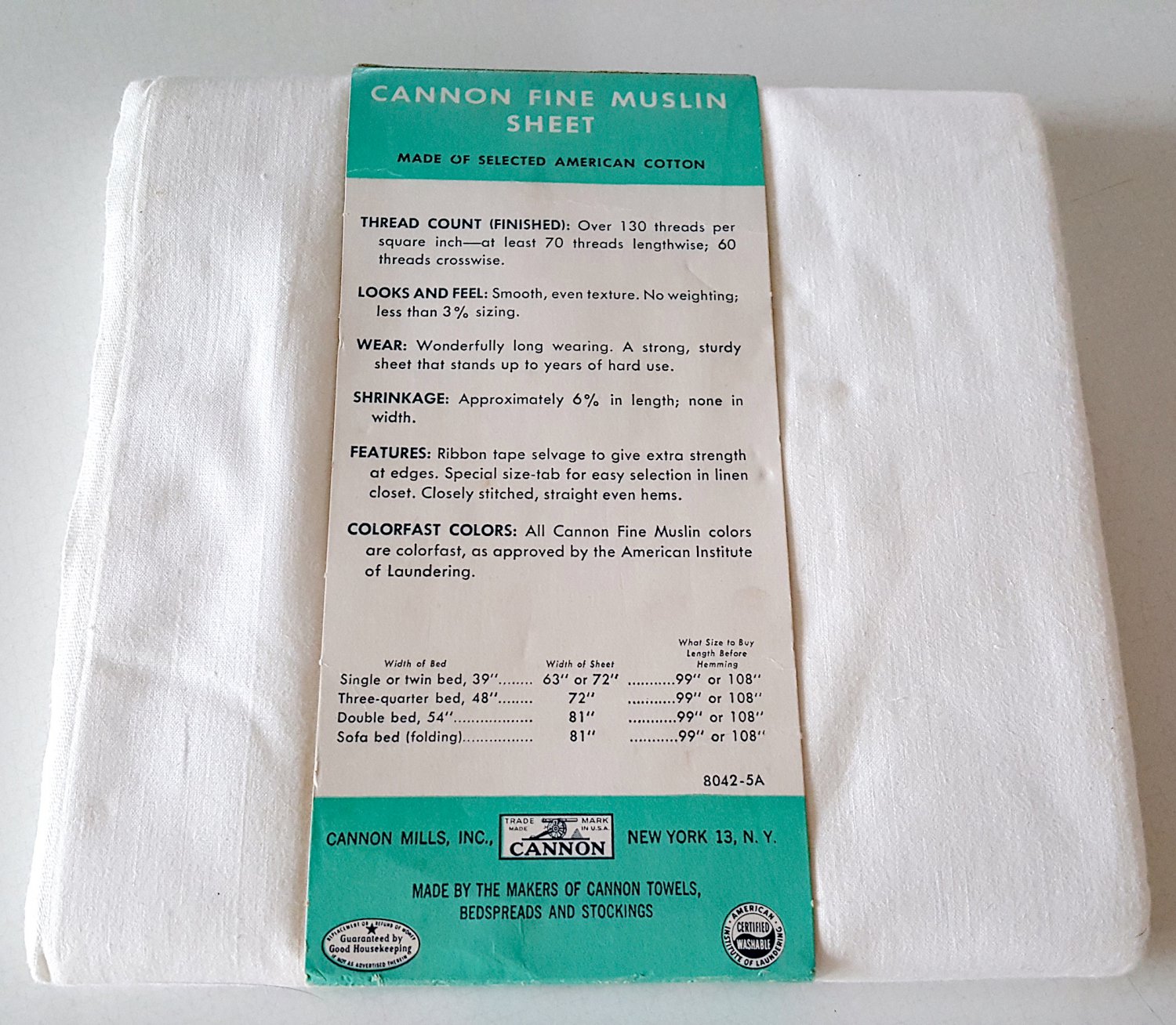 NOS 1950's Cannon 100 Cotton Fine Muslin Twin Flat Cotton Sheet White