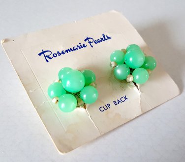 Vintage Rosemarie Faux Green Pearl Cluster Clip-on Earrings on Card