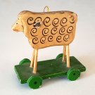 Vintage 1980s Wood Ornament - Old Fashioned Child's Lamb Pull Along Toy
