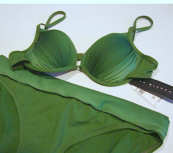 NOS La Blanca Swimsuit Green Push-Up Bra Top & Foldover Hipster Bottom Size 14