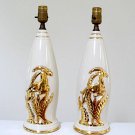 Vintage Leaping Gazelle Gold on Cream Ceramic Table Lamp - Set of 2