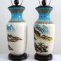 Vintage Mid-century Hand Painted Oriental Ceramic Large Table Lamp Set of 2