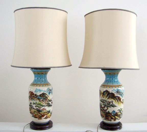 Vintage Mid-century Hand Painted Oriental Ceramic Large Table Lamp Set of 2