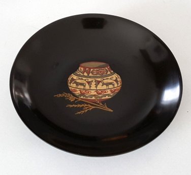Vintage Couroc Serveware - Native American Pottery Jar Inlay Design on Black Resin Bowl