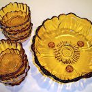 Vintage Colony / Indiana Heavy Amber Glass Sunflower Footed Serving Bowl with 6 Individual Bowls