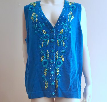 NOS Maggie Barnes Turquoise Crewel V-neck Sweater Vest - 1X