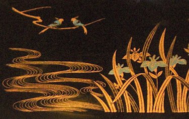 Vintage Lacquerware Shikki Ware Tray - Gold Birds Japanese Irises
