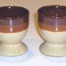 2 Stoneware Footed Egg Cups - Tri-Color Tan, Ochre, Chocolate Brown 2 Stoneware Footed Egg Cups - Tri-Color Tan, Ochre, Chocolate Brown