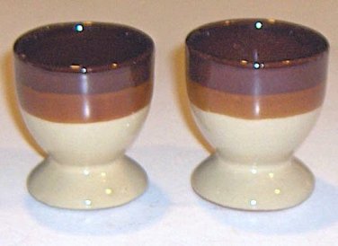 2 Stoneware Footed Egg Cups - Tri-Color Tan, Ochre, Chocolate Brown