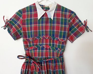 NOS 1950-60s Kay Karen Dan River Girls Plaid Short Sleeve Waist Dress Size 10 NWT