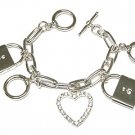 Beautiful Silver Rhinestone Heart and Padlock Charm Toggle Bracelet - FREE SHIPPING
