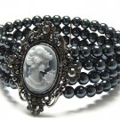 Crystal Frame Cameo and 3 Row Glass  Pearl Stretch Bracelet - FREE SHIPPING