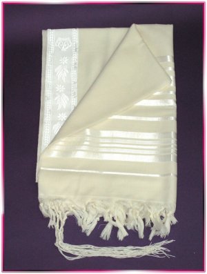 JEWISH WHITE/SILVER TALLIT WOOL TALIT PRAYER SHAWL S=55