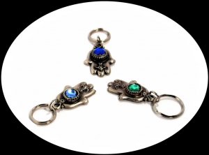 3 SILVER HAMSA KABBALAH EVIL EYE KEY CHAIN BLUE GEM