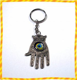 Silver Hamsa  Blue Eye Gem Evil Eye Key ring Prayer
