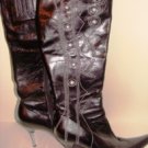 BESTON WOMEN'S ETCHED STITCHING DESIGN BLACK KNEE-HI LEATHER BOOTS, SIZE 7M BESTON WOMEN'S ETCHED STITCHING DESIGN BLACK KNEE-HI LEATHER BOOTS, SIZE 7M