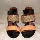 BEVERLY FELDMAN MARIA BLACK PATENT COMBO 4"  SANDAL HEEL W/ ANKLE STRAP CLOSER, SIZE 6