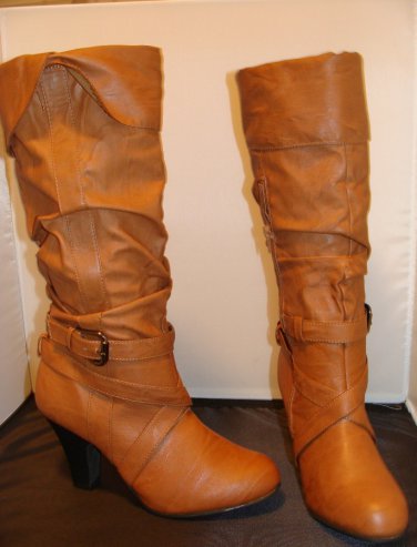 BROWN SLOUCH WOMEN BOOTS W/ WRAP-AROUND BUCKLE SIZE 8